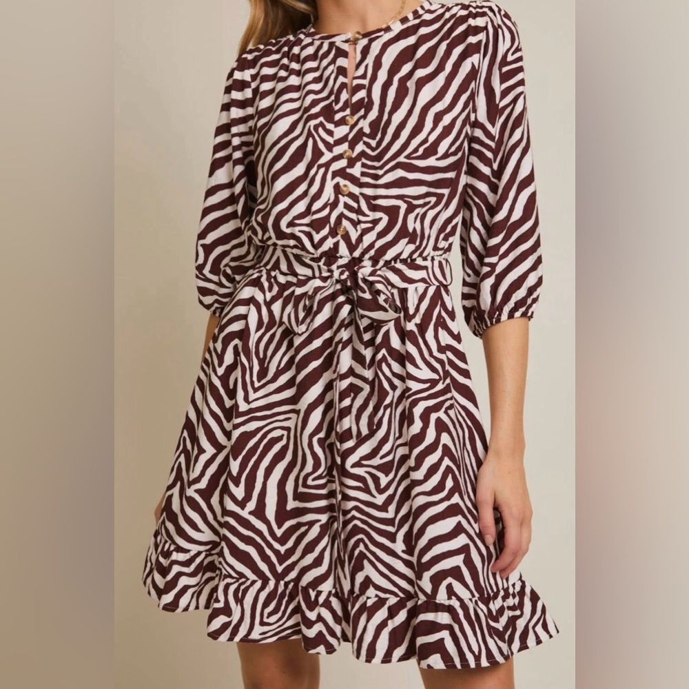 NEW Gilli Zebra Print Tie Waist Dress Brown Ivory NWT Plus Size 1X 3/4 Sleeve